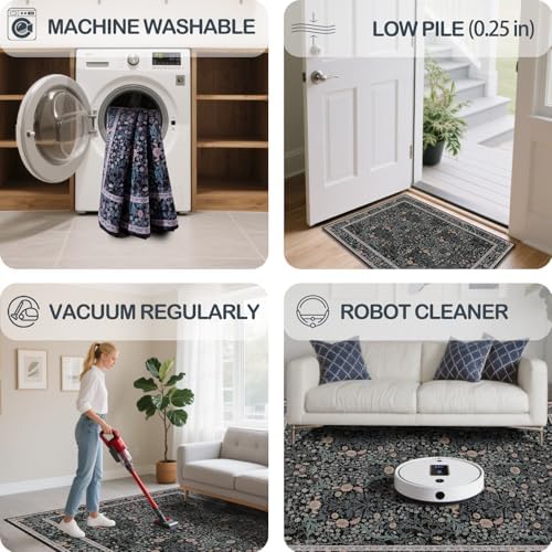 Area Rug for Living Room 10x12 Washable Soft Carpet (Black Flora) - Image 5