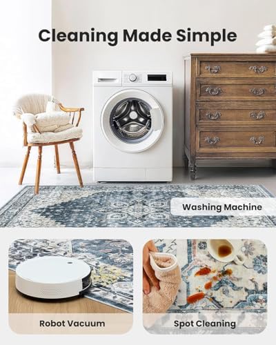 Amada 5x7 Washable Area Rug for Living Room, Blue, Vintage Pattern - Image 3