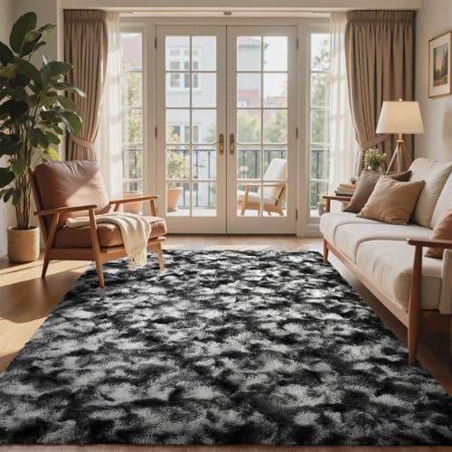 5x8 Ft Large Shag Rugs for Bedroom Living Room Decor for Men Boys, Tie Dyed Ultra Soft Fluffy Furry Area Rug for Indoor Floor, Aesthetic Carpet for Home Decor (Black Grey) - Image 2