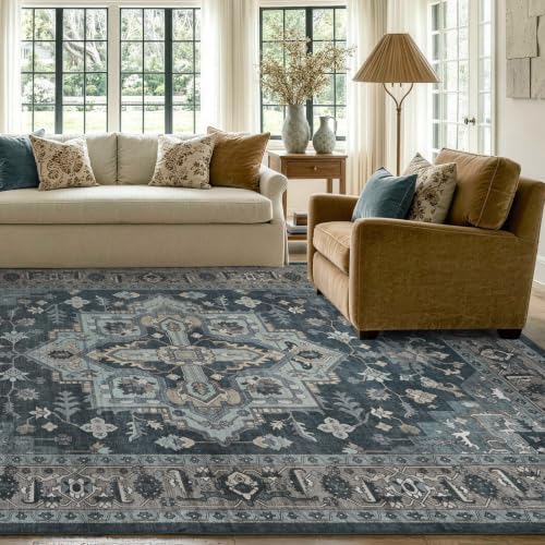 8x10 Ft Large Area Rugs for Living Room, Soft Non-Slip Machine Washable Rug, Vintage Stain Resistant Carpets for Bedroom Nursery Dining Room Home Decor (Blue) - Image 3