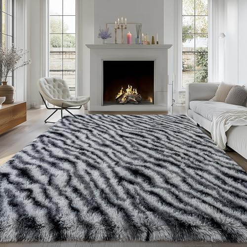 5x7 Zebra Fluffy Rug for Bedroom Living Room Washable Non-Slip by WISHTREE