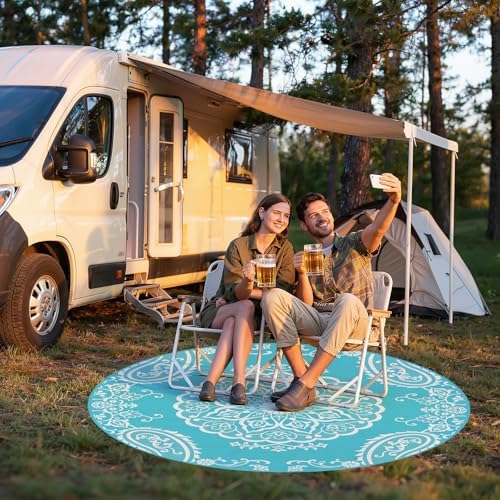 Pauwer Outdoor Rug 6ft, Waterproof Plastic Straw Camping Rug, Boho Teal - Image 6