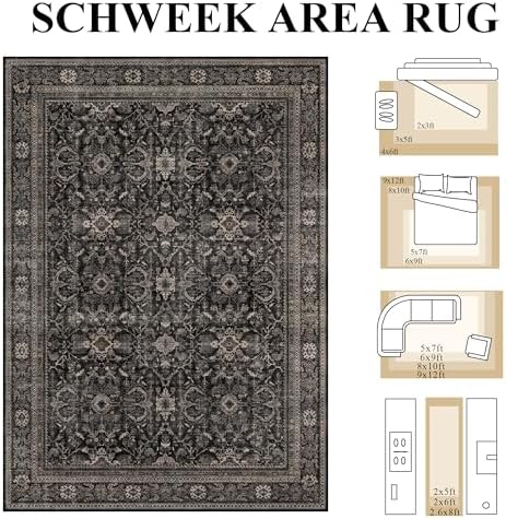 Schweek 4x6 Vintage Floral Washable Area Rug Non-Slip Entryway Rugs Black - Image 2
