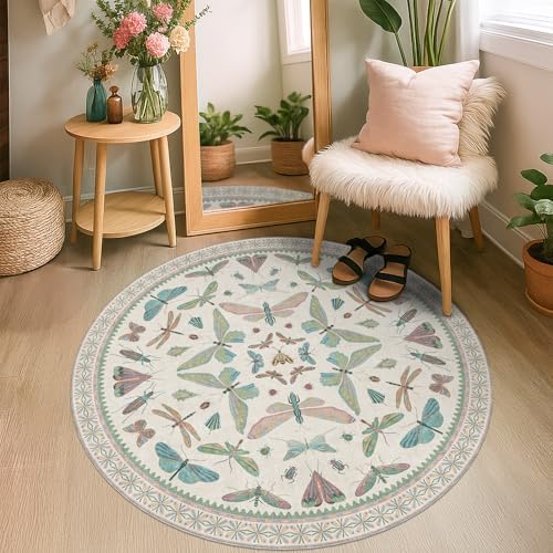 Cream Round Rugs 4ft for Living Room - Soft Washable Small Circle Throw Rugs for Kids Bedroom, Baby Nursery, Playroom, Reading Corner, Insect Stain Resistant Floor Carpet, Beige Green - Image 3