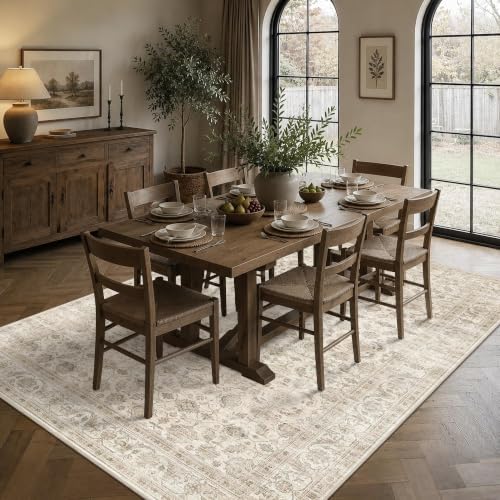 JOOJA 5x7 Beige Neutral Vintage Washable Area Rug, Low Pile Living Room Rug - Image 3