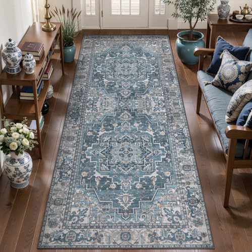 Tangsoo 2x5 Washable Runner Rugs for Hallway, Vintage Non Slip Runner Blue by Tangsoo