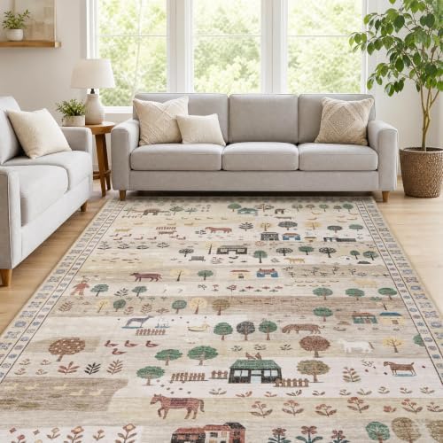 Machine Washable Area Rug 6x9, Soft Whimsical Rug, Vintage Farmhouse Beige by SparkleGaze