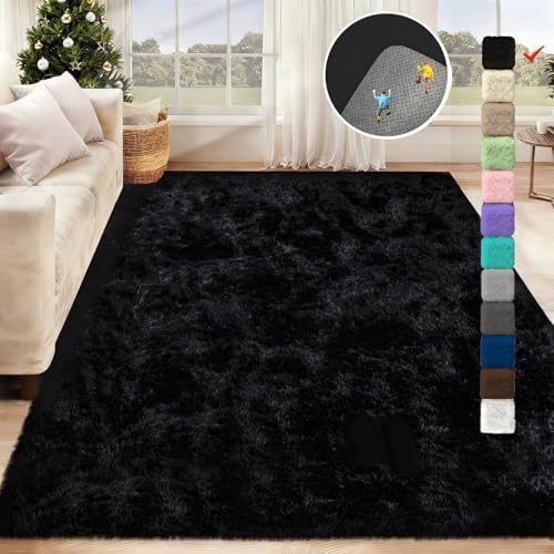 5x7 Area Rug for Living Room: Fluffy Shag Soft Washable Rugs Fuzzy Plush Indoor Carpet for Bedroom Nursery Playroom Dorm Kids Girls Boys Room (Black, 5'x7') - Image 2