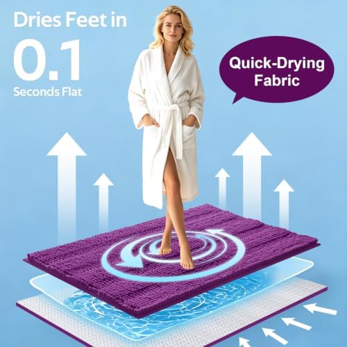ACCUMTEK Striped Purple Bathroom Rug Set 3 Pieces Ultra Soft, Non Slip Chenille Toilet Mat, Absorbent Plush Shaggy Bath Mats for Bathroom, Bedroom, Kitchen - Image 3