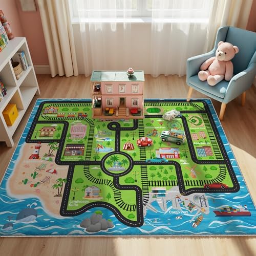 Nayoroom Kids Island Train Map Rug, Faux Wool Track Map, Non-Slip, 5 x 7 ft by Nayoroom