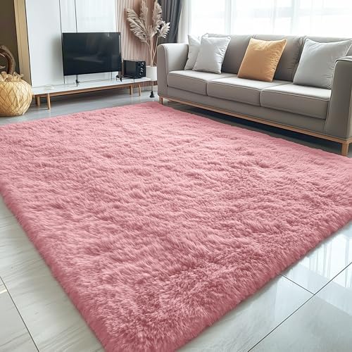 OLANLY 5x7 Machine Washable Large Area Rugs for Living Room, Bedroom, Soft Fluffy Shaggy Bedside Rug, Indoor Floor Carpet for Kids Girls and Boys, Dorms, Nursery, Home Decor Aesthetic, Pale Pink - Image 3