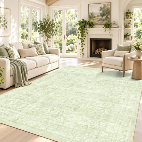 8x10 Living Room Rug Green, Non Slip Neutral Area Rugs for Bedroom, Nursery by TTelephant