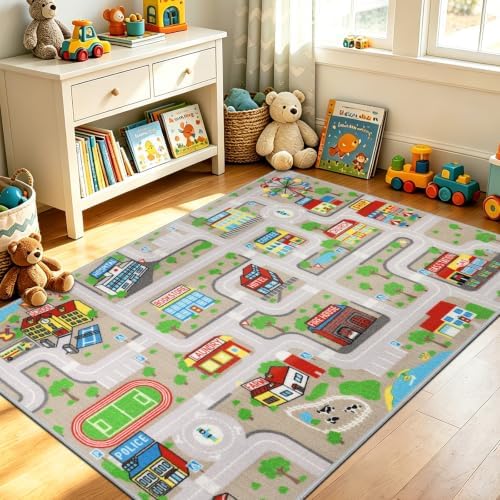 Capslpad Tan Car Road Kid Rug Carpet Playmat for Playoom Traffic Road Kids Play Mat for Toddler Non Slip Washable City Map Race Track Carpet Rug for Kids Room Bedroom Nursery Room Decor,5.2'x3.3' by CapslpadDirect