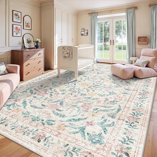 8x10 Area Rugs, Machine Washable Low Pile Floral Rugs for Living Room, Bedroom, Large Boho Area Rug with Non-Slip Backing for Dining Room(Pink Bloom) - Image 3
