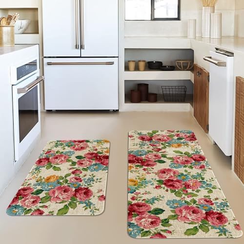 Red Pink Floral Kitchen Mats for Floor 2 Piece Home Decor, Country Spring Flower Kitchen Rugs Sets of 2 Non Slip Washable - Image 2