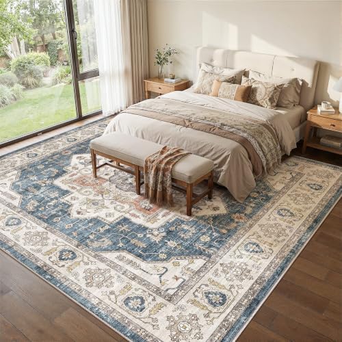10x10 Square Area Rug: Washable Blue Area Rug for Living Room by ZUNTKON