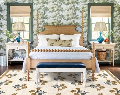 Beige 5x8 Living Room Area Rug - Washable Boho Floral Scalloped Bedroom Rug Stain Resistant Dining Room Rugs for Under Table Non Slip Cottage Farmhouse Rugs for Living Room Nursery Foyer Decor - Image 5