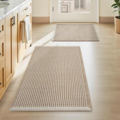 Upgraded Waffle Bath Mat Set of 2 Absorbent Bathroom Mat 17"x24" + 20"x32" by AMOAMI