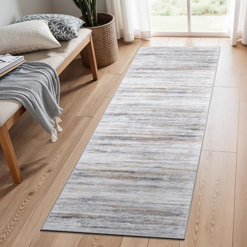 2x7 Washable Runner Rugs for Hallway: Easy-to-Clean Abstract Runners for Entryway Bedroom - Stain and Water Resistant Rugs with Non-Slip Backing - Soft Low-Pile Carpet Beige Grey by WIEVEDENS