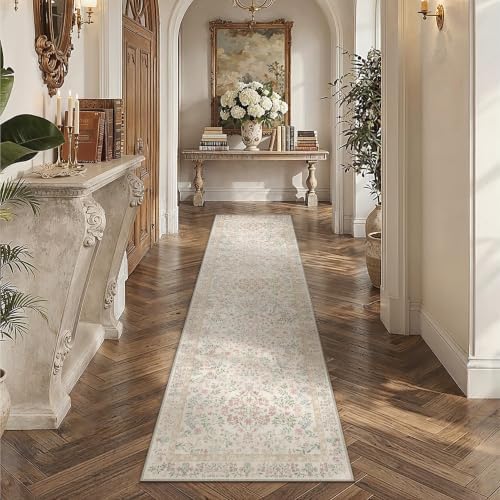 PureCozy 2.6x12 Pink Floral Runner Rug Vintage Farmhouse Style - Image 2