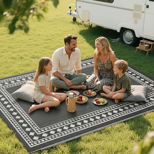 RURALITY Outdoor Rugs 5x8 Waterproof for Patios Clearance,Plastic Straw Mats for Backyard,Porch,Deck,Balcony,Grey and White - Image 7