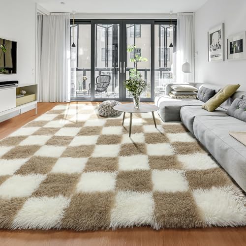 KICMOR 6x9 Rugs for Living Room Beige and Cream White, Large Big Fluffy Shag Fuzzy Checkered Area Rug Shaggy Carpets for Bedroom, Soft Plush Rug for Kids Boys Girls Dorm Nursery Playroom Home Decor - Image 5