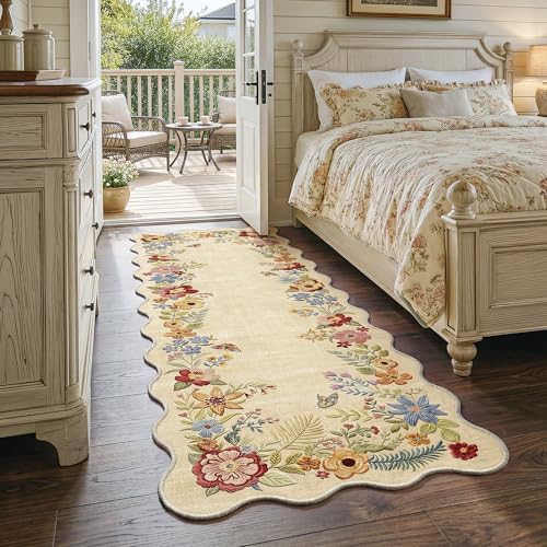 FMFUNCTEX 2x5 Hallway Runner Rug Washable Beige Floral Vintage Scalloped - Image 2