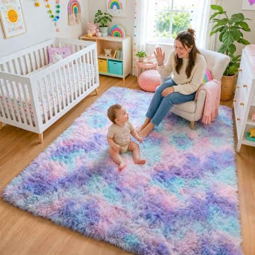 Purple Rainbow Area Rugs for Girls Bedroom Living Room, Fluffy 4x6 Kids Rug - Image 5