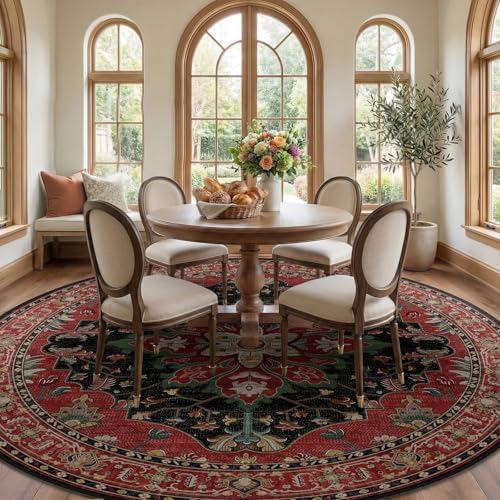 RELEANY Washable Area Rug, Round 10ft, Red/Black - Image 3