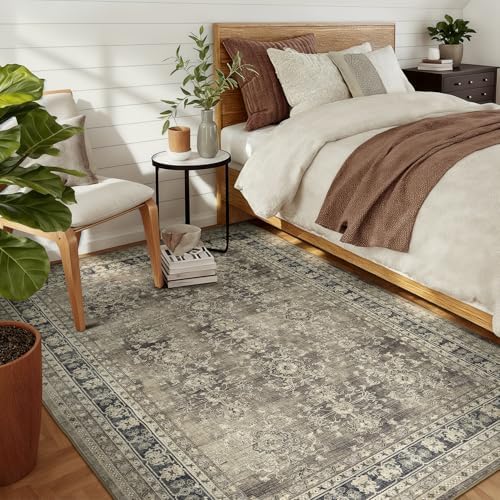 Lessymo 5x7 Area Rugs for Living Room, Machine Washable Non Slip Rug, Soft Low Pile Carpet for Bedroom Dining Home Office, Vintage Brown Distressed Floral Floor Mat - Image 3