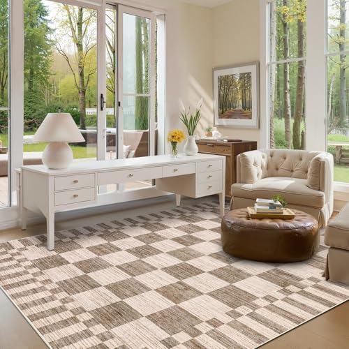 GarveeHome Brown Checkered Rug 5x7 Area Rugs Washable Living Room 5x7 Rug - Image 3