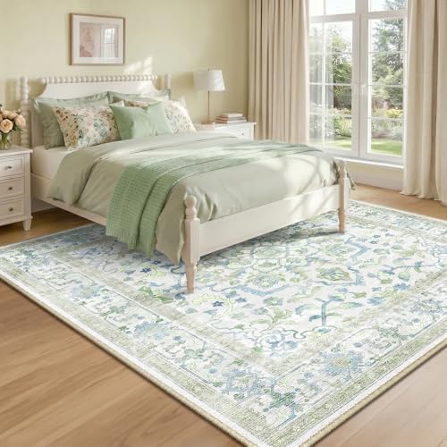 CAPALOCA Square 6ft Washable Nursery Girls Low Pile Area Rug Green Blue by CAPALOCA