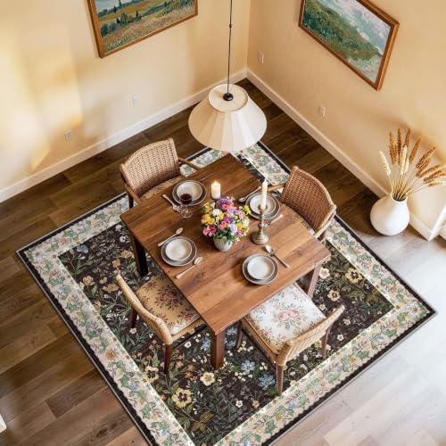 5x5 Living Room Area Rug Washable: Floral Non-Slip Mats for Indoor Floor Entryway Dining Room Bedroom - Soft Thin Carpet for Vintage Neutral Home Decor (5ft Square, Brown) - Image 4