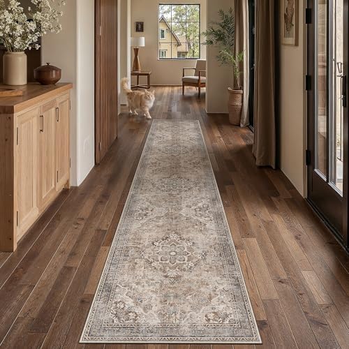 PureCozy Brown Runner Rug 2x12 Hallway Vintage Floral Non-Slip Carpet by PureCozy