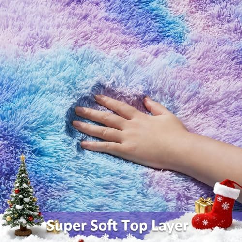 Ophanie Round Rug 4Ft Tie-Dye Rainbow Purple Circle Area Rug, Fluffy Fuzzy Bedroom Carpet,Plush Soft Shaggy Indoor Floor Colorful Living Room Rugs for Kids Home Decor Aesthetic with 99 pcs Pile fibers - Image 2