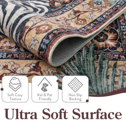 Moynesa Tiger Washable Area Rugs for Living Room, 5x7 Vintage Soft Rug for Bedroom, Non Slip Boho Ultra Thin Large Stain Resistant Throw Rug for Dining Guest Room, Puce Red - Image 3