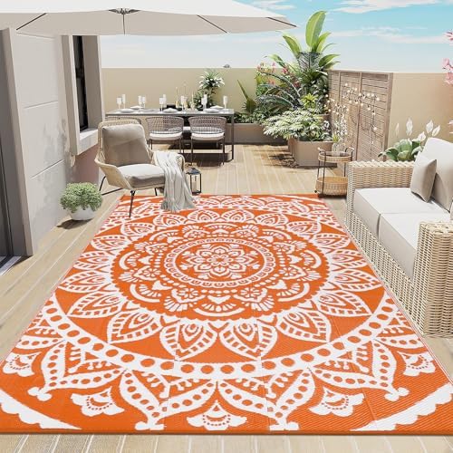 Bsmathom Waterproof Outdoor Rug 6'x9' Reversible Boho Plastic Straw Patio Deck Camping Rugs, Indoor Outdoor Portable RV Mat Clearance Carpet for Outside, Porch, Balcony, Backyard, Beach, Pool,Orange by Bsmathom