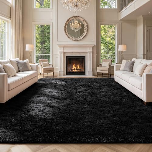 10X14 Large Shag Area Rugs for Living Room Bedroom,Big Soft Black Fluffy Rug for Bedroom Dorm,Indoor Carpet Plush Rugs for Living Room Home Decor,Black by Boshengya