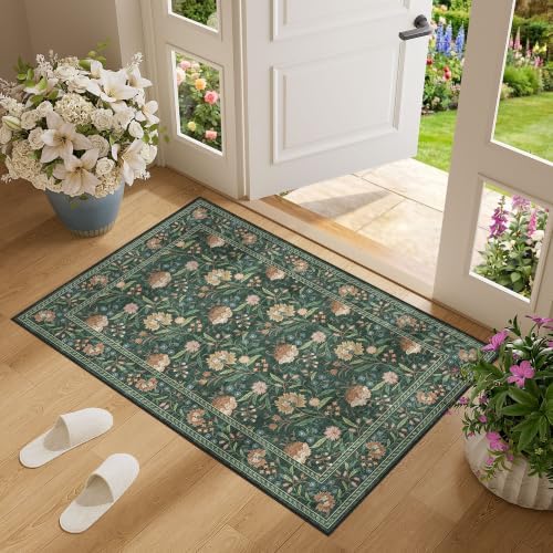 DUKINO 2x3 Rug, Washable Vintage Floral Bathroom Rugs Non Slip, Green - Image 3