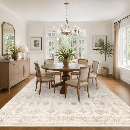 Washable 9x12 Living Room Area Rug Non-Slip Floral Beige Large Carpet - Image 3