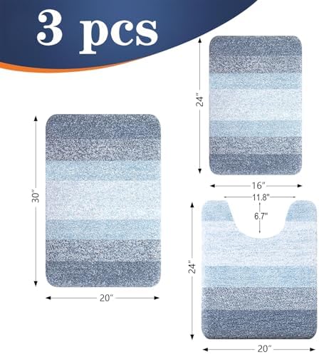 OLANLY Microfiber Bathroom Rugs Sets 3 Piece, Absorbent Bath Mats, Blue - Image 2