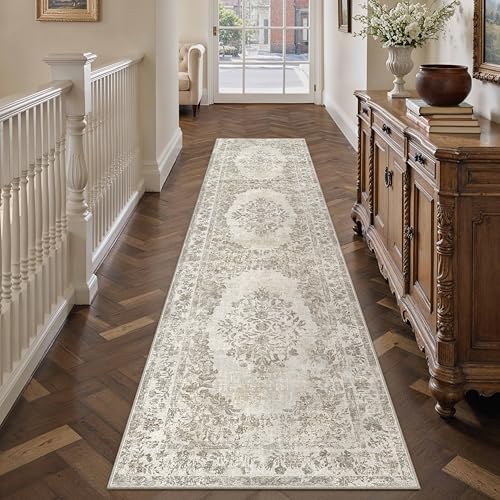 PureCozy 2.6x14 Washable Runner Rug Hallway Cream Beige Vintage Carpet - Image 3
