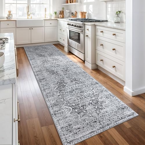 KUTA Vintage Kitchen Runner 2.6x10 Blue White Washable Hallway Rugs - Image 3