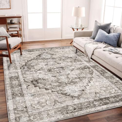 CHAMPLANT Washable Area Rug 8'x10' Deep Khaki Retro Boho Design Non-Shedding Non-Slip Easy Care Ideal for High Traffic Areas in Living Room Bedroom Office Coffee Table Kitchen Large Carpet by CHAMPLANT