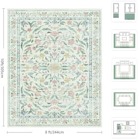 8x10 Area Rugs, Machine Washable Low Pile Floral Rugs for Living Room, Bedroom, Large Boho Area Rug with Non-Slip Backing for Dining Room(Beige Bloom) - Image 2