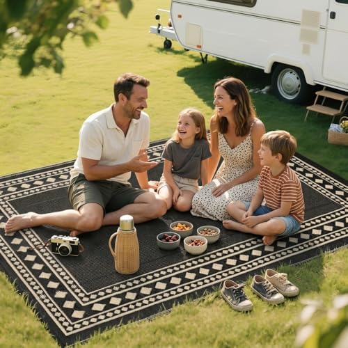 RURALITY Outdoor Rugs 6x9 Waterproof for Patios Clearance,Plastic Straw Mats for Backyard,Porch,Deck,Balcony,Black and Beige - Image 7