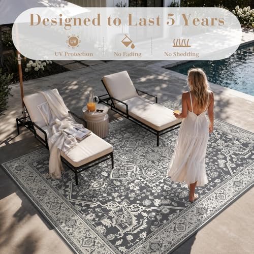 AMOAMI-Outdoor Rug-Patio Rug 5x8 ft Quick Dry Flatweave Textured Machine Washable Outdoor Carpet with Rubber Particles Backing Vintage Outdoor Area Rug for Patio Deck Front Porch Balcony Greyish Black - Image 5