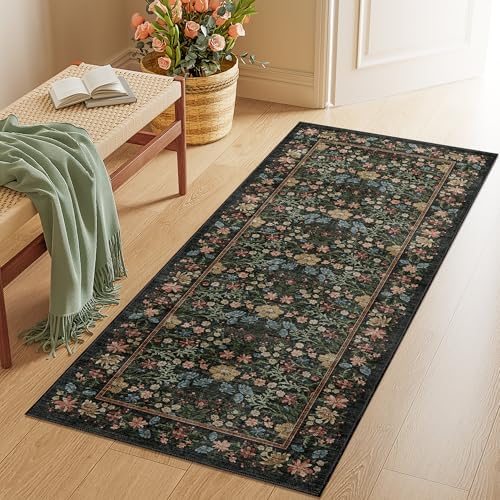DUKINO 2x5 Rug Runner, Washable Vintage Floral Bathroom Rugs, Black by DUKINO