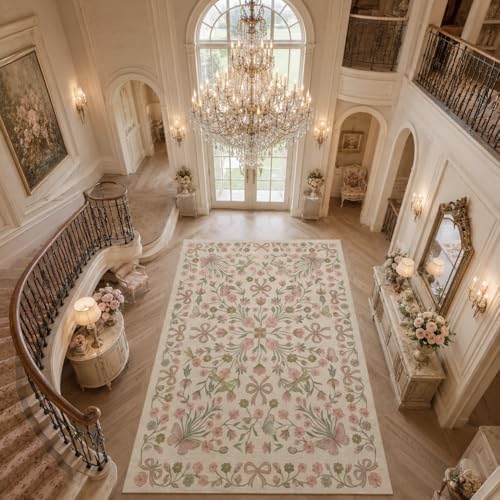 9x12 Pink and Green Vintage Floral Butterfly Bow Living Room Rug - Image 4