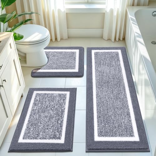 Pauwer Bathroom Rug Sets 3 Piece, Non Slip Washable Bath Mat, Dark Grey by Pauwer